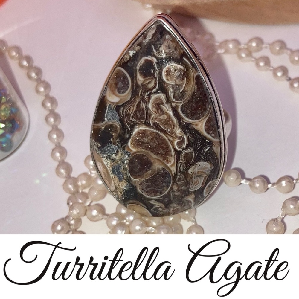 Turritella Fossil Agate Gemstone Handmade Ring